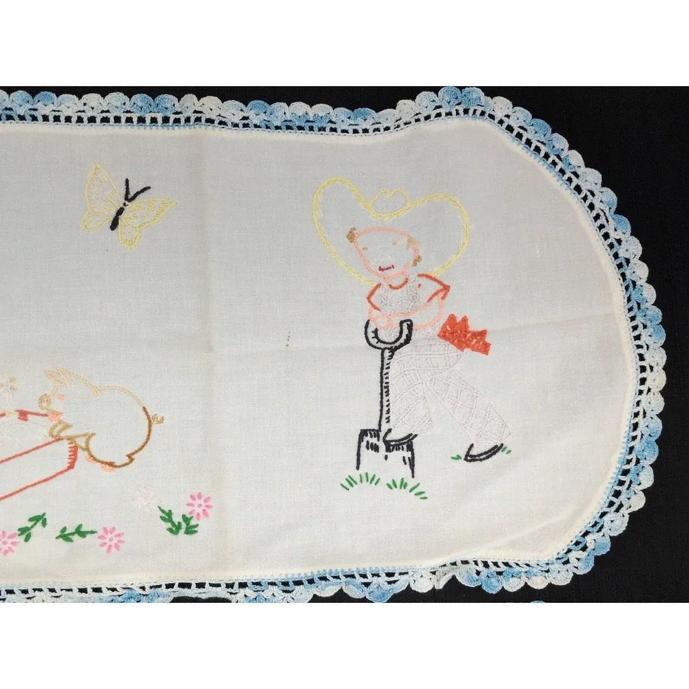 Pair VTG Handmade Embroidered Table Runner Farmhouse Farm Animals Blue Crochet